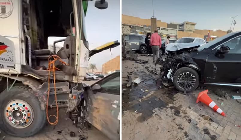شاحنة ضخمة تحطم سيارات جديدة في ساحة معرض بمصر